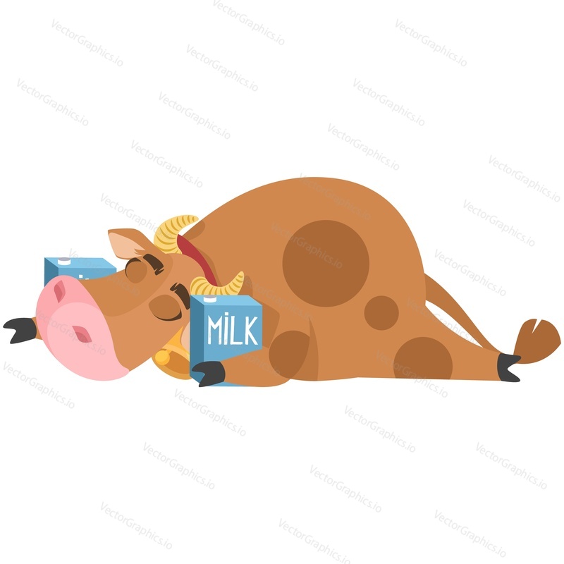 Cute cow sleeping and hugging milk tetra pack carton box vector isolated on white background. Funny comic farm animal and dairy product