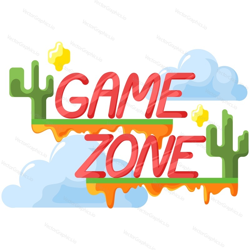 Game zone logo. Playroom for preschooler or quest for schoolchildren. Vector hot desert and cactus label design isolated on white background