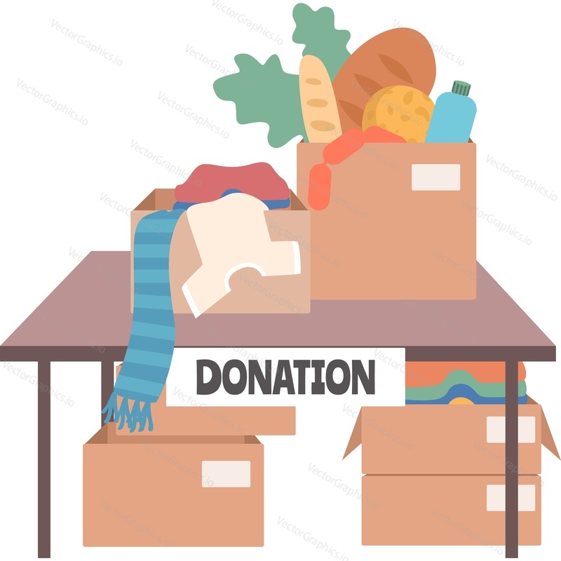 Коробка с едой и одеждой на столе для пожертвований векторный значок, изолированный на белом фоне