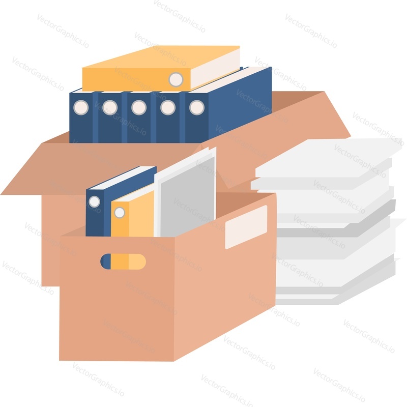 Cardboard box with office documents vector icon isolated on white background