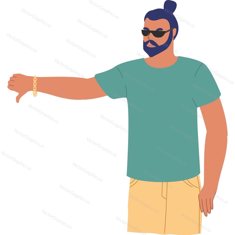 Young fashion guy gesturing disagreement with thumbs-down vector icon isolated on white background