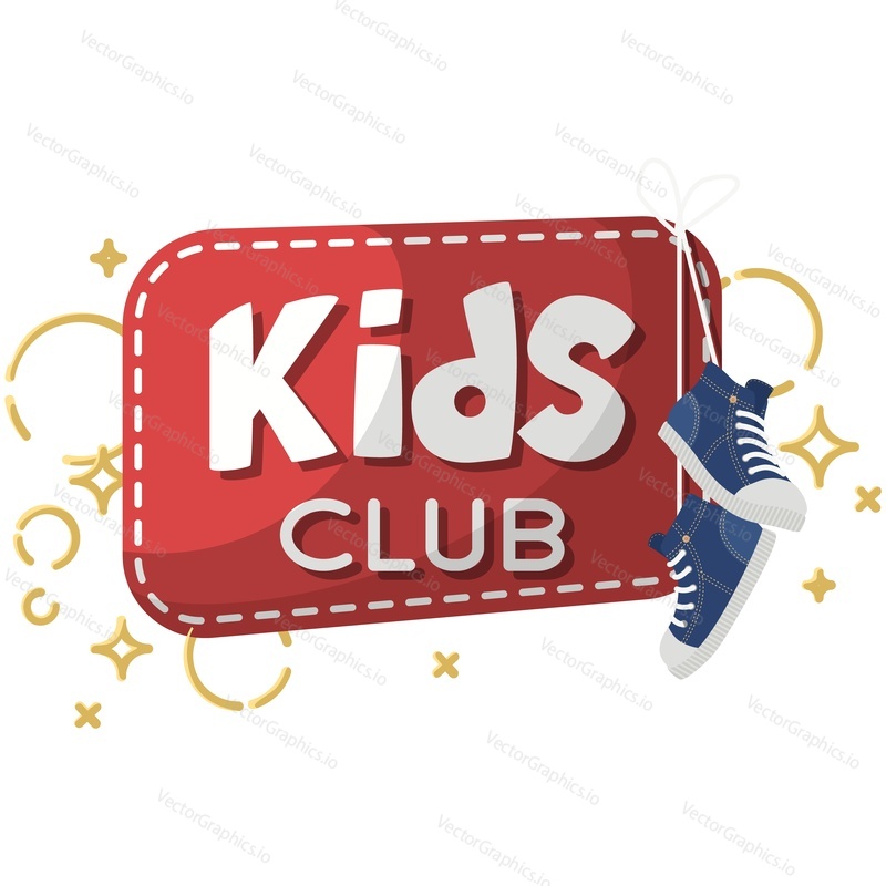 Kids club vector logo. Creative area and place children development and education label. Funny design with hanged child boots on laces isolated on white background