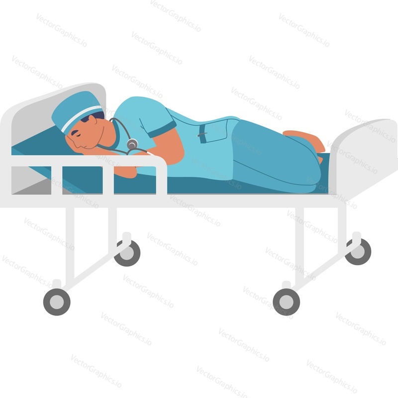 Tired nurse sleeping in hospital couch vector icon isolated on white background