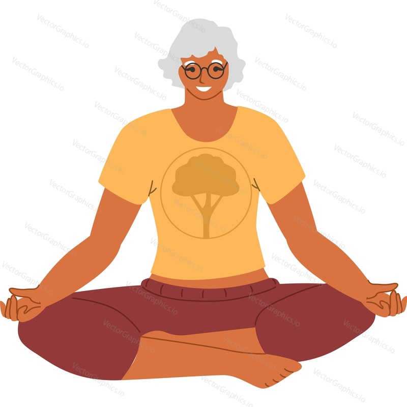 Пожилой мужчина медитирует, практикуя дыхательные упражнения йоги векторная иконка, изолированная на белом фоне