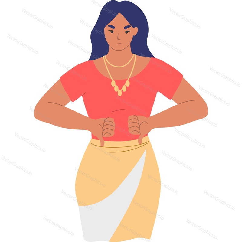 Индийская женщина, выражающая несогласие векторным значком с двумя большими пальцами вниз, изолированным на белом фоне