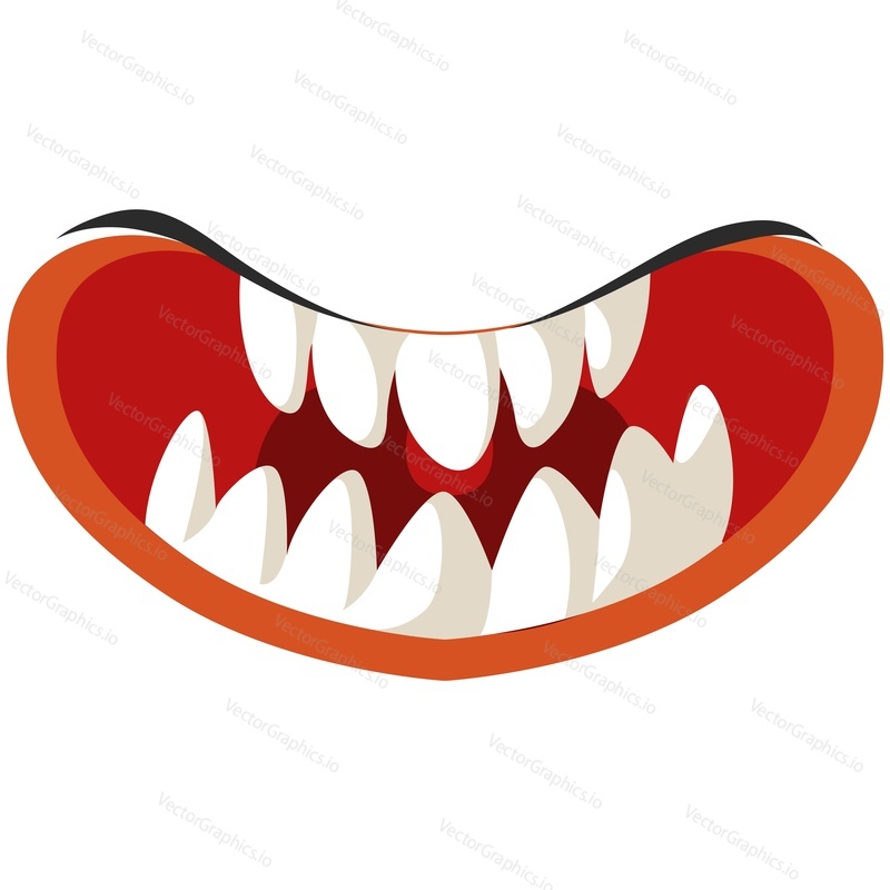 Mouth smile with teeth vector. Scary halloween monster or joker character expression with creepy toothy grin isolated on white background