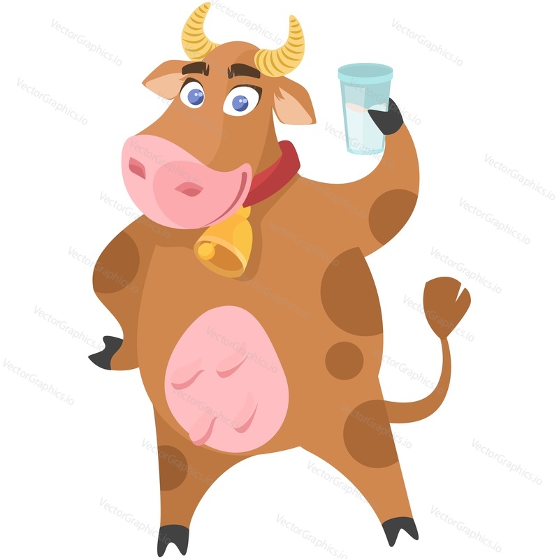 Funny cartoon cow with milk glass vector. Happy smile spotted horned farm animal character cheering with fresh dairy dink isolated on white background