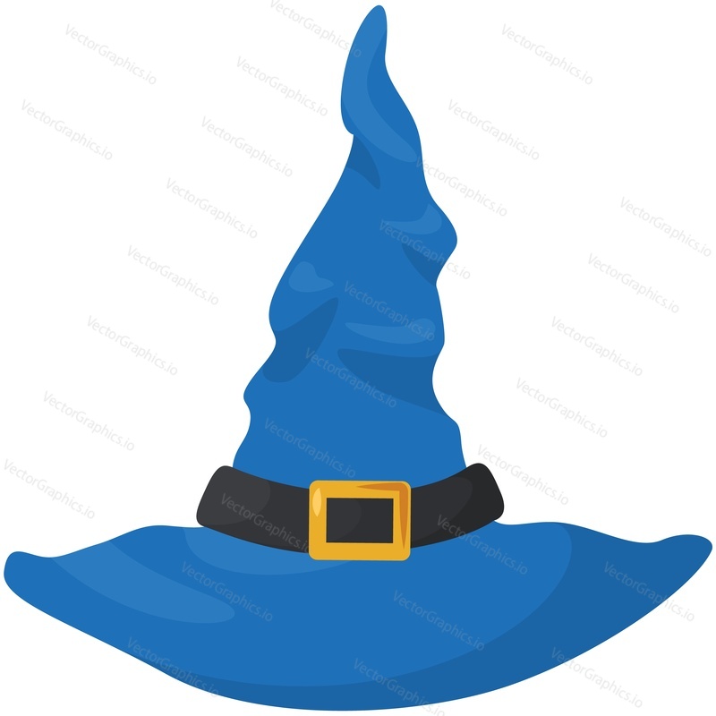 Синяя шляпа ведьмы с пряжкой и векторным ремешком для ремня. Значок костюма волшебника на Хэллоуин, выделенный на белом фоне