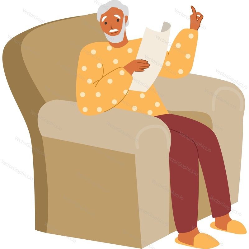 Elderly man reading newspaper in armchair vector icon isolated on white background