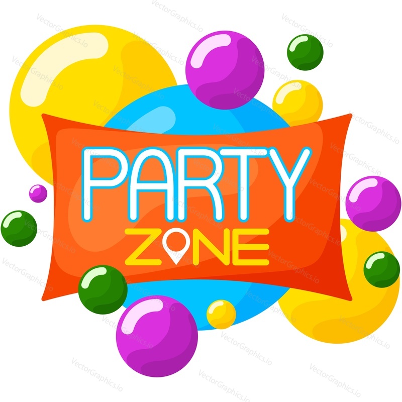 Party zone logo with bubbles cartoon vector design. Kid zone for game and fun entertainment activity badge isolated on white background