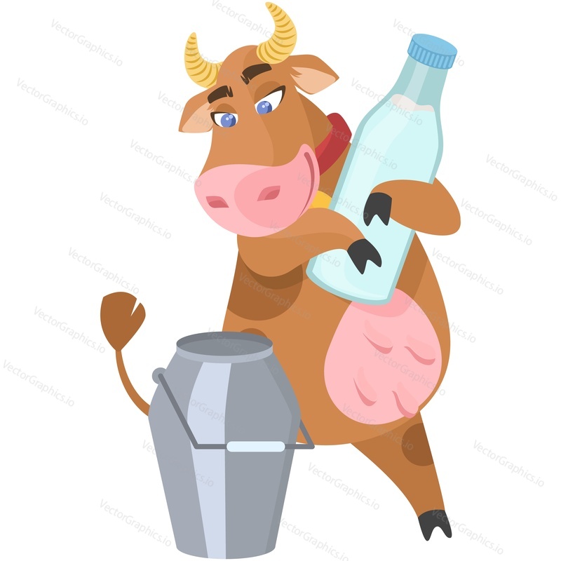 Корова с вектором молочных банок и бутылок. Забавный персонаж мультфильма о сельскохозяйственных животных, держащий стеклянную посуду со свежим молочным продуктом, стоящий возле металлической канистры с молоком, изолированной на белом фоне