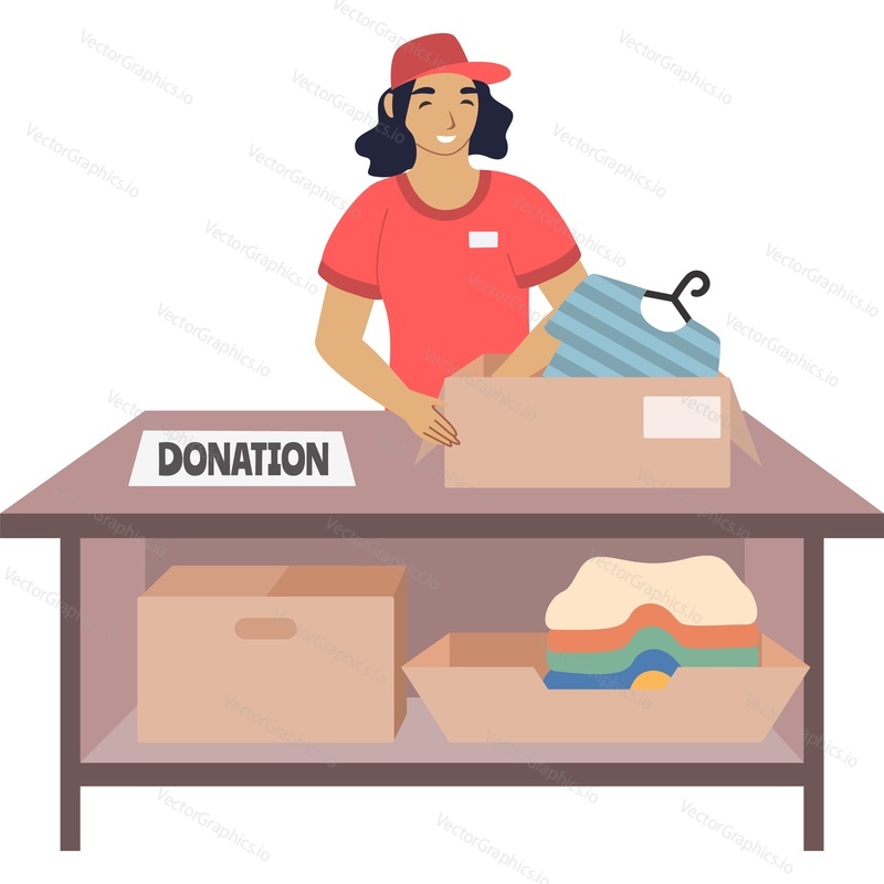 Volunteer collecting clothes for homeless donation vector icon isolated on white background