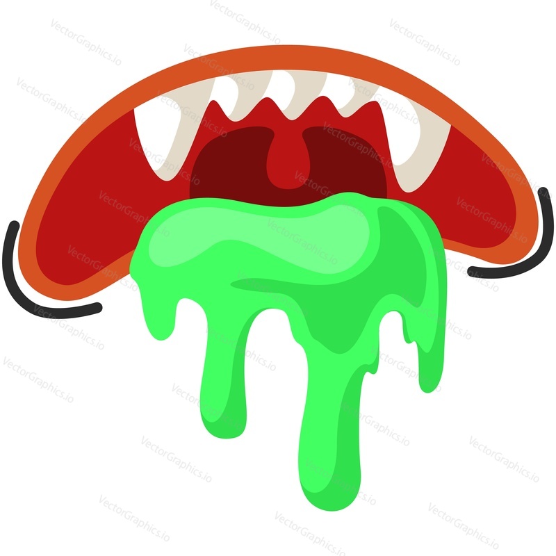 Green slime in mouth vector. Angry zombie lips with saliva or poison illustration. Scary halloween mask or make-up isolated on white background