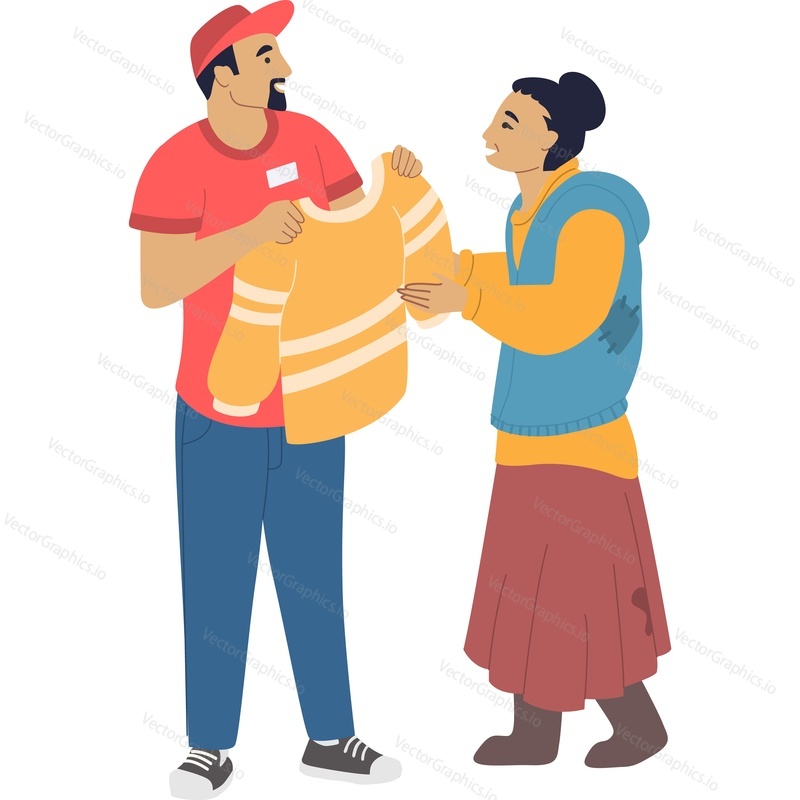 Volunteer giving clothes donation to homeless woman vector icon isolated on white background