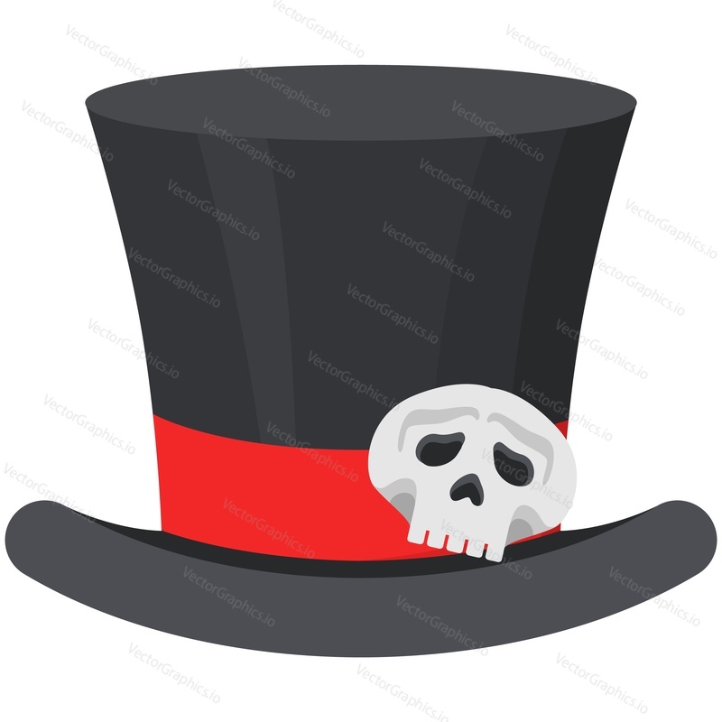 Black cylinder top hat vector. Halloween headdress with scary creepy death head bone decoration and red ribbon icon isolated on white background