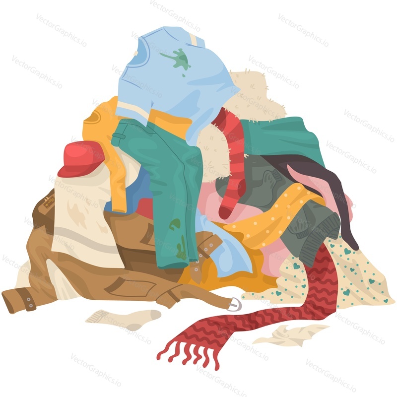 Dirty laundry pile vector. Smelly clothes with stain illustration. Stinky linen messy heap on floor isolated on white background