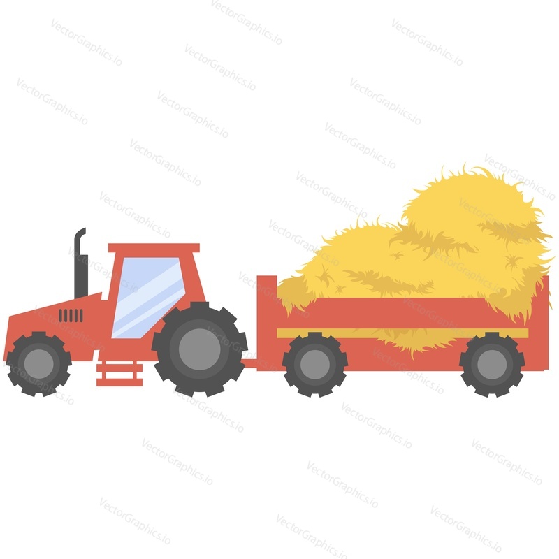 Трактор тянет прицеп, полный тюков сена. Сельскохозяйственная машина тянет цистерну со стогом сена или соломы, выделенную на белом фоне. Иллюстрация уборки сена