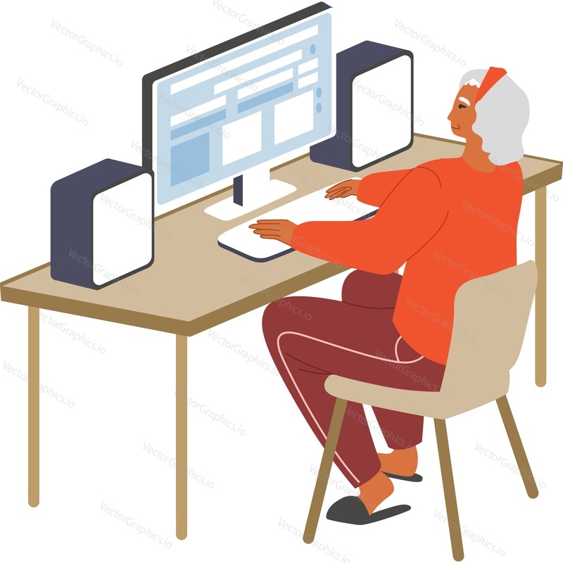 Пожилая женщина, использующая компьютерную векторную иконку, изолированную на белом фоне