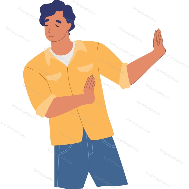 Young male student gesturing stop and rejection vector icon isolated on white background