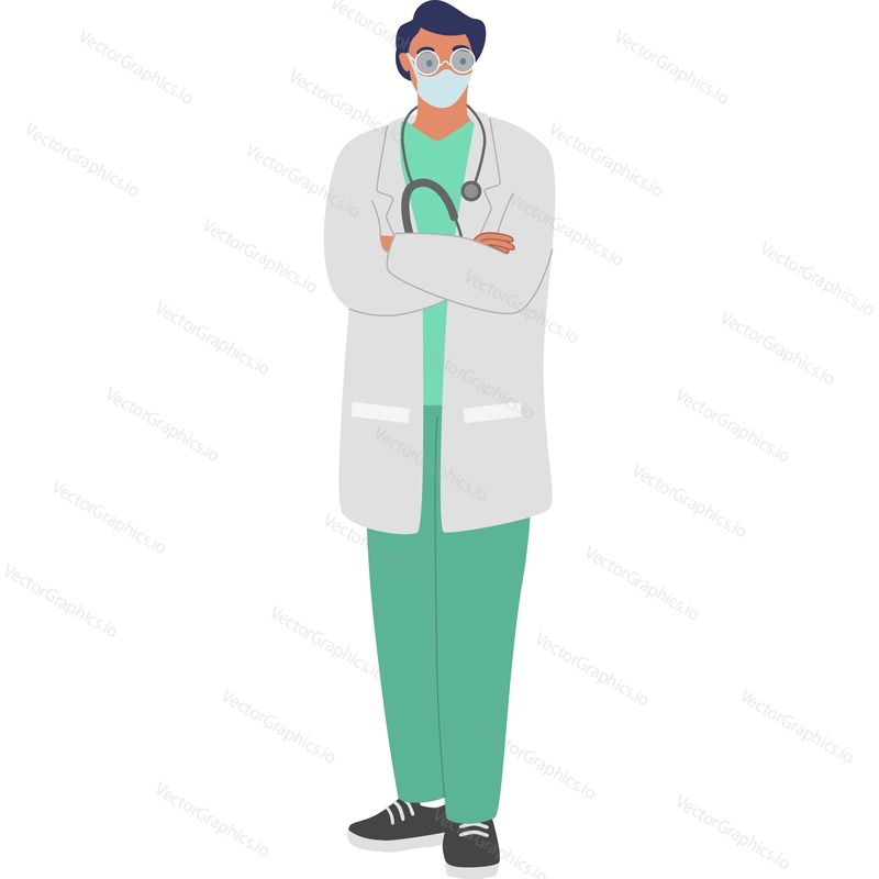 Мужчина-врач в защитной маске и униформе векторный значок, изолированный на белом фоне