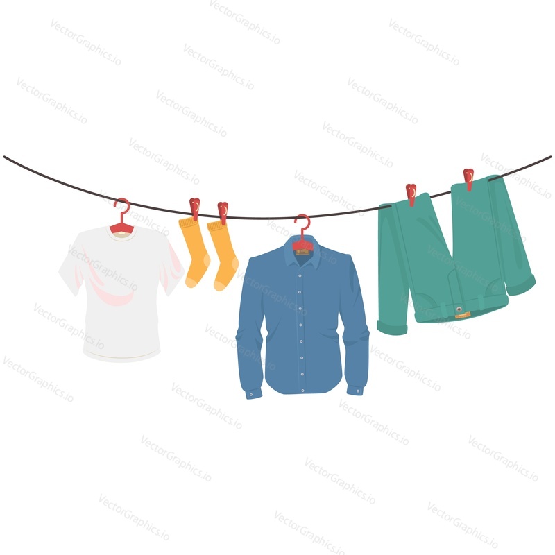 Vector laundry clean dry clothes hanging on rope clothesline. Washed shirt and t-shirt on hangers for clothes, socks and pants hang on clothespin isolated on white background