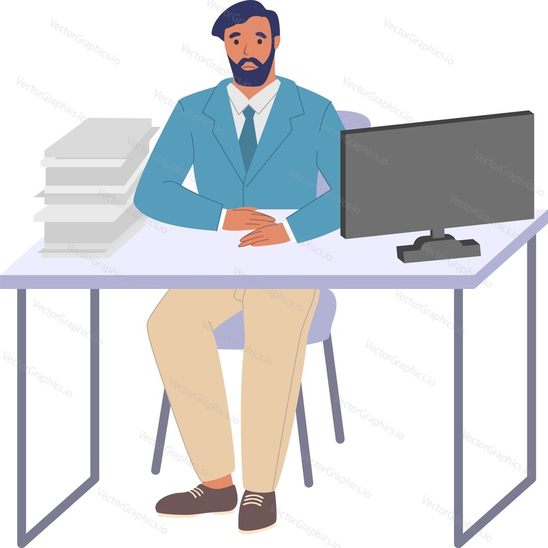 Офисный работник, перегруженный работой, сидит за столом с векторной иконкой, изолированной на белом фоне