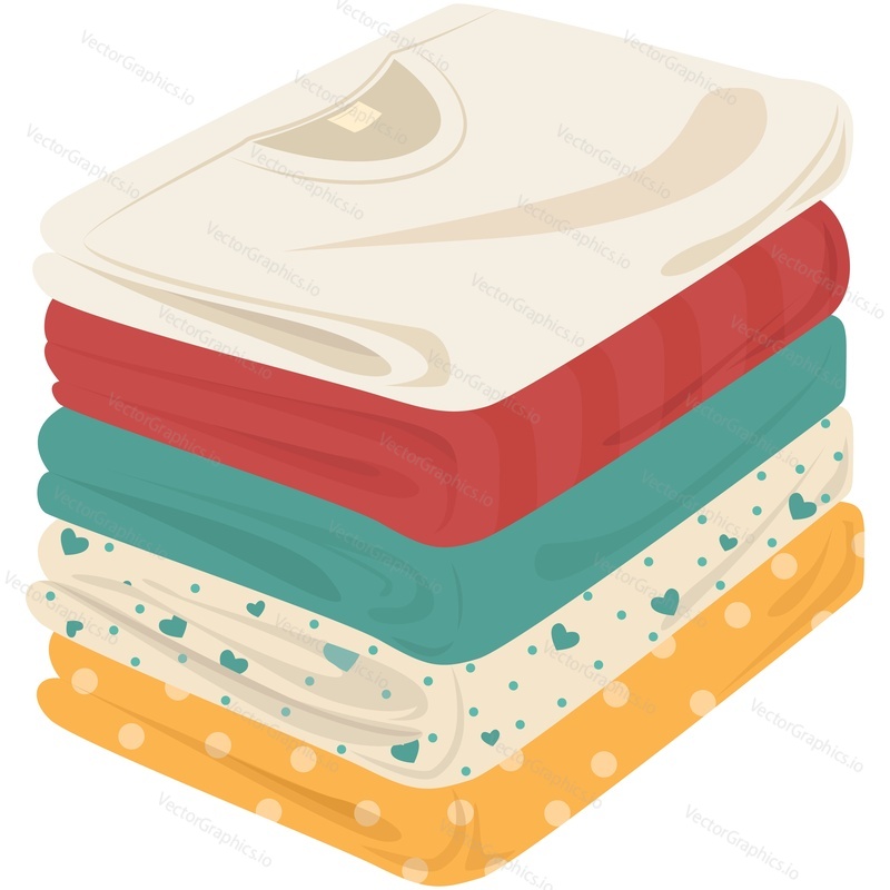 Clean folded clothes neat stack vector. Dry washed ironed stacked clothing wear after laundromat isolated on white background