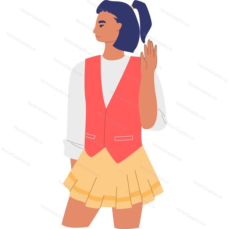Young woman gesturing rejection with stopping hand vector icon isolated on white background