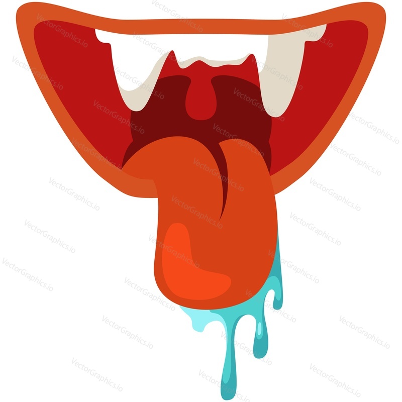 Slobber mouth with tongue, slime and teeth vector. Comic zombie monster slobbering lips isolated on white background. Tasty feeling emotion illustration. Halloween mask