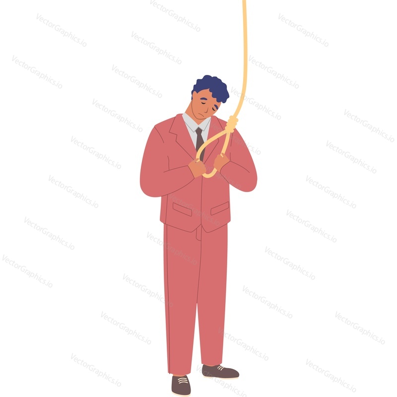 Businessman trying to hang himself with a noose vector icon isolated on white background. Anxiety fear concept