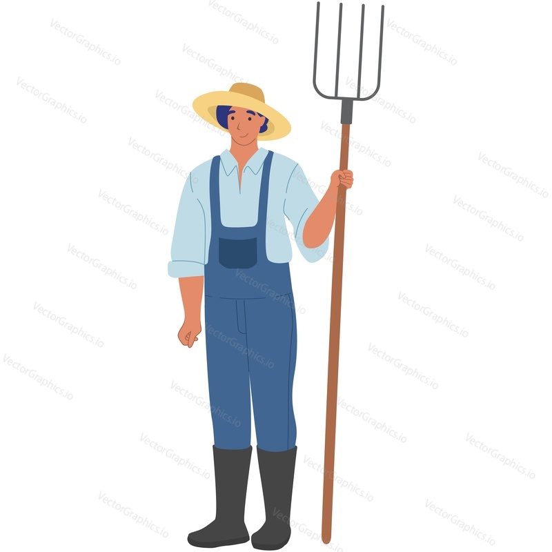 Фермер с вилами в руках. Счастливый работник фермы или владелец ранчо в соломенной шляпе и комбинезоне, выделенный на белом фоне