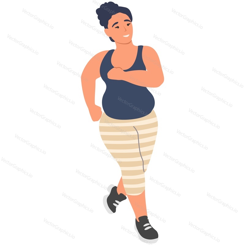 Вектор бега толстой женщины. Мультяшная девушка с избыточным весом, тренирующаяся, бегущая трусцой для похудения, изолированная на белом фоне. Иллюстрация здорового образа жизни