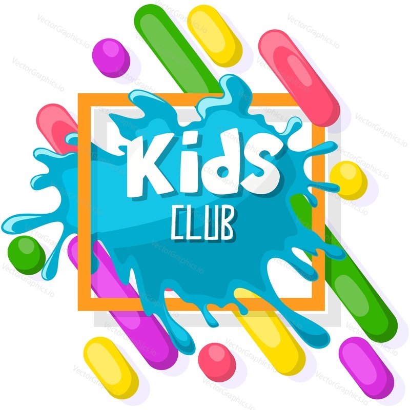 Kids club vector logo. Zone for children development activity and creativity. Art class label. Paint blots and splash design isolated on white background