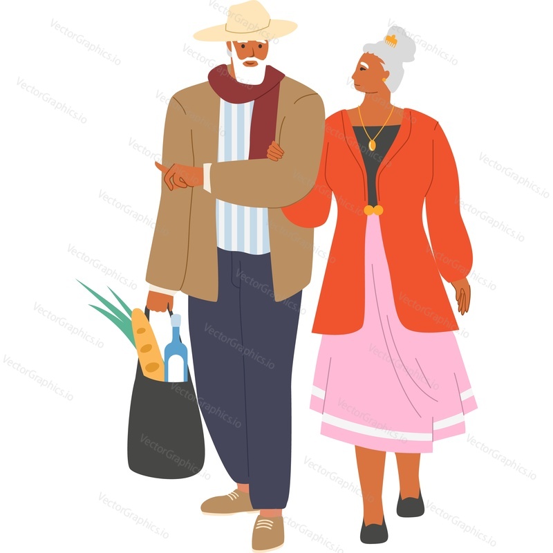 Счастливая модная пожилая пара, делающая покупки в продуктовых магазинах вместе, векторный значок, изолированный на белом фоне