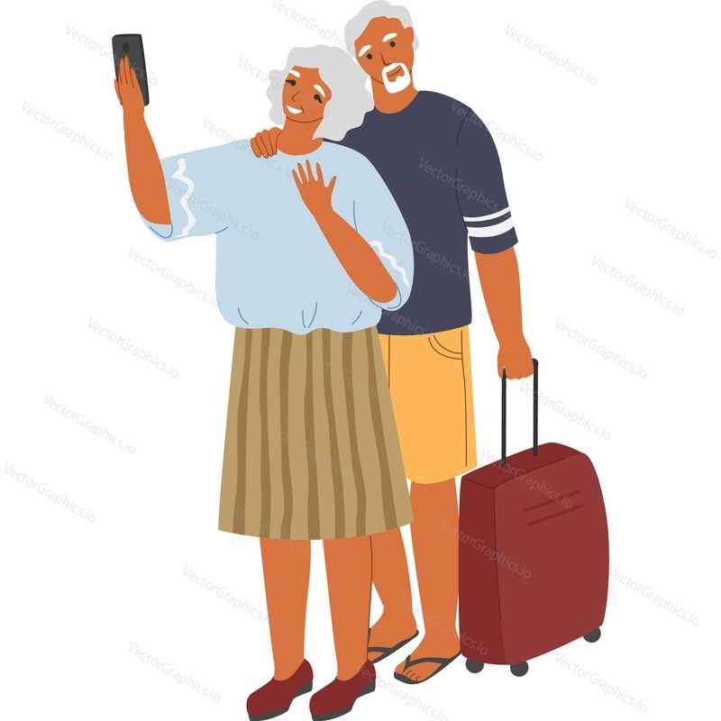 Пожилая пара, путешествующая за границу вместе, векторный значок, изолированный на белом фоне