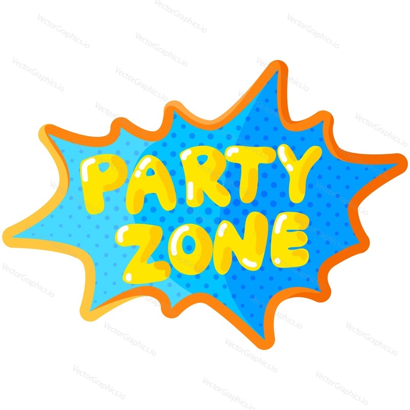 Party zone logo in comic book style vector. Play room play, room for kid sticker badge. Fun game area for children label. Isolated on white background