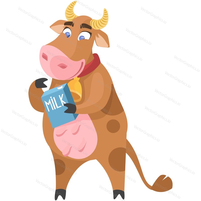 Cow holding milk tetra pack box vector. Funny happy smile farm animal cartoon mascot character with fresh dairy drink isolated on white background
