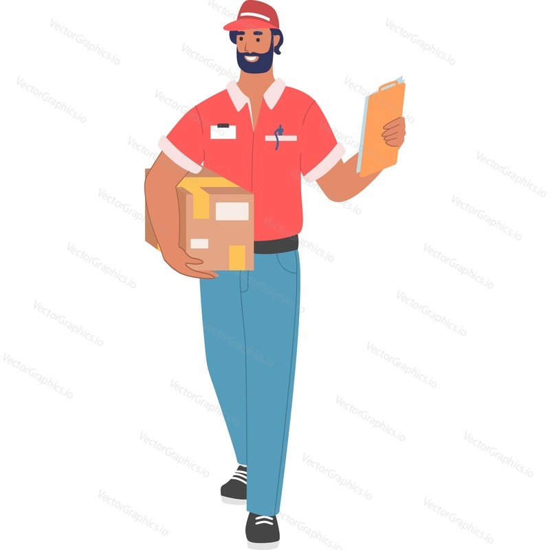 Courier carrying parcel box vector icon isolated on white background