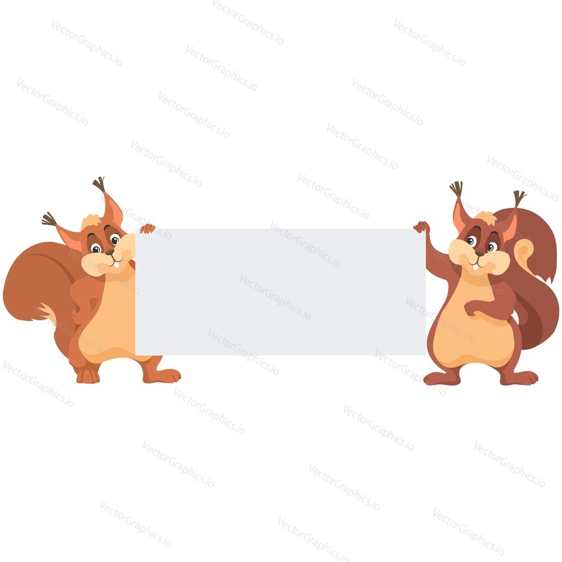 Squirrel with blank border vector. Two rodent holding empty poster, placard or banner with copy space isolated on white background