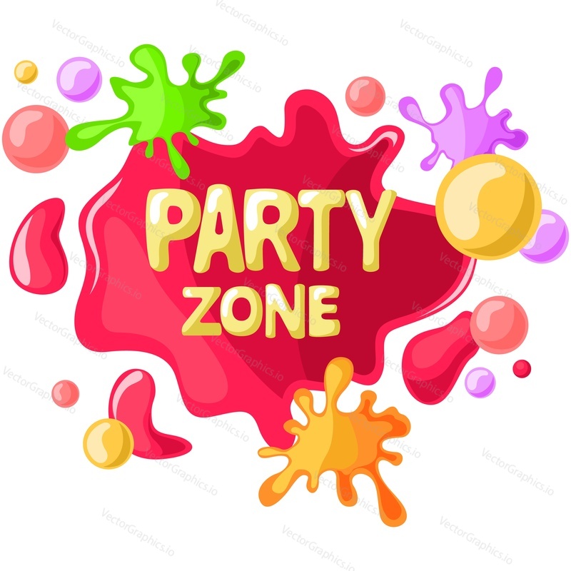 Party zone logo with paint splash blot cartoon vector design. Playroom area for kids, playground for children game activity label badge. Isolated on white background