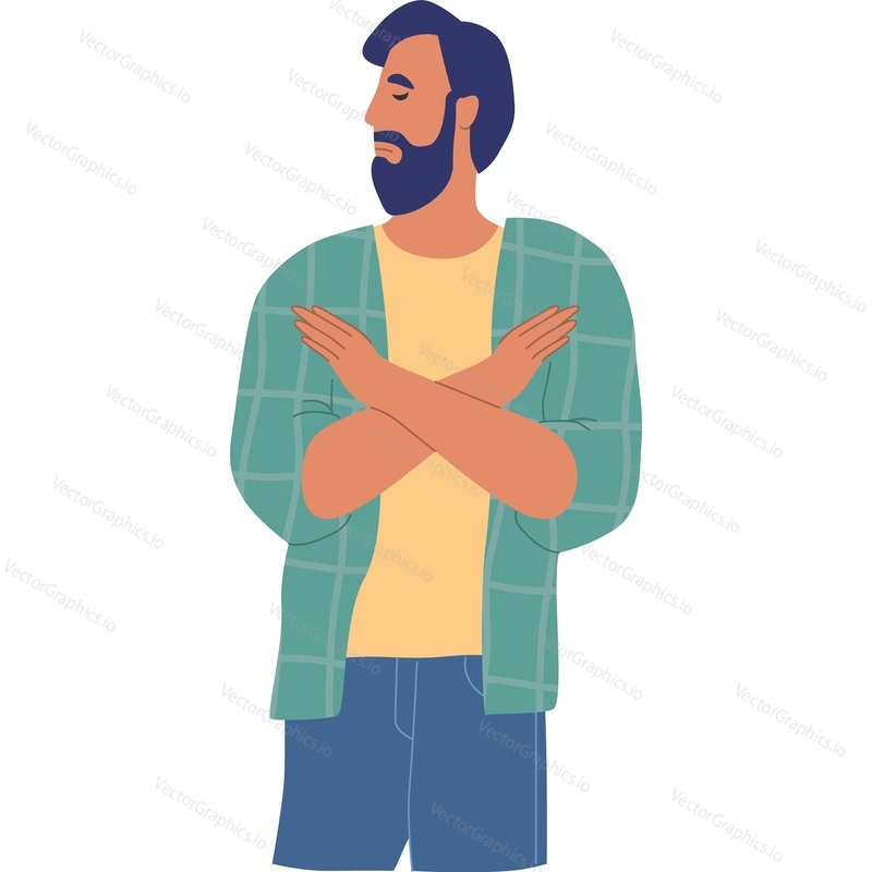 Hipster man gesturing disagreement with crossed hands vector icon isolated on white background