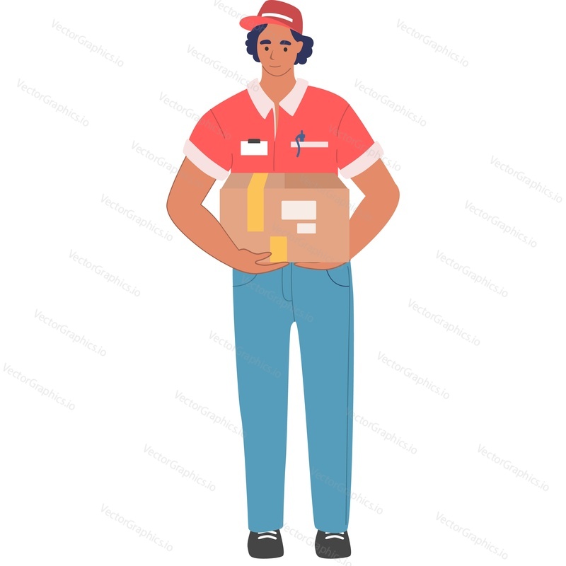 Postman carrying parcel box vector icon isolated on white background