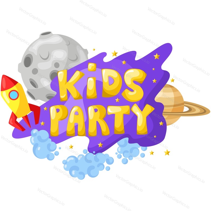 Kids party logo with cosmic space vector style. Playground fun promo icon with planet, meteor, rocket spaceship and star design isolated on white background