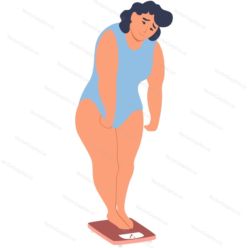 Sad woman on weight vector. Cartoon fat overweight obese girl standing on scale isolated on white background. Plus size people and obesity illustration