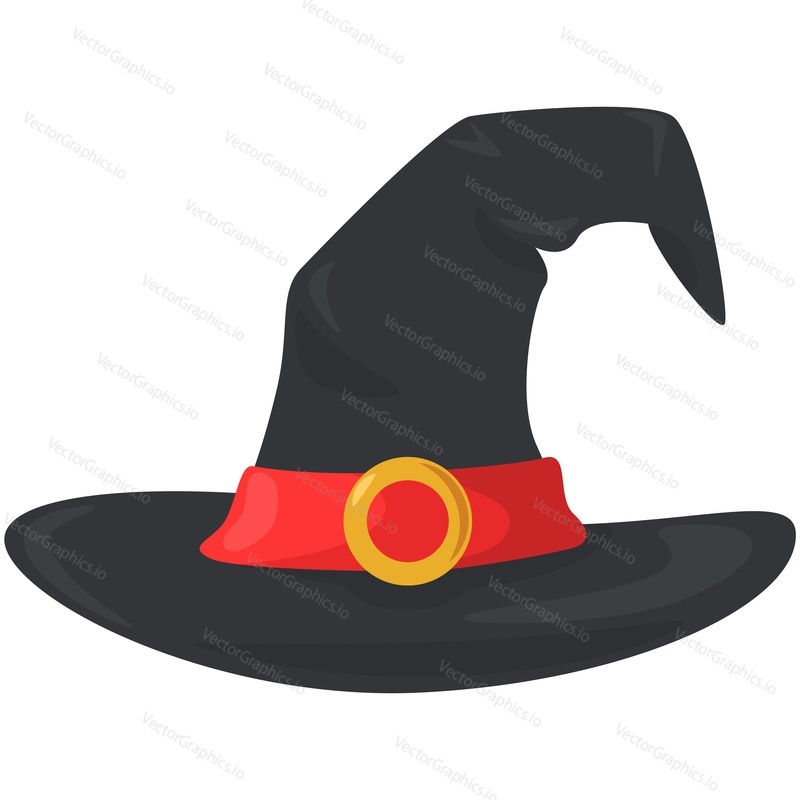 Черная шляпа ведьмы с пряжкой и красной лентой. Значок костюма волшебника на Хэллоуин, выделенный на белом фоне