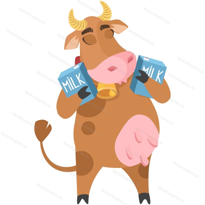 Happy spotted cow cartoon character holding milk pack vector. Cute funny farm animal loving fresh dairy drink isolated on white background