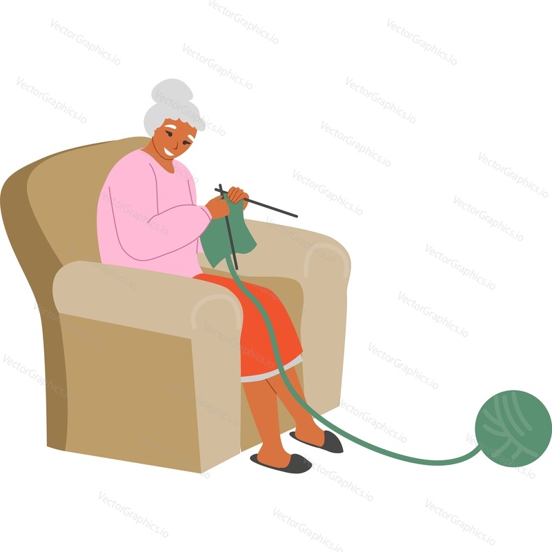 Пожилая женщина, вяжущая в кресле векторную иконку, изолированную на белом фоне