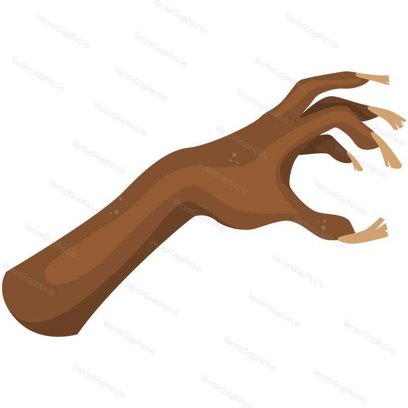 Creepy halloween zombie hand vector. Scary horror dead monster grab arm with claw rising up flat illustration isolated on white background