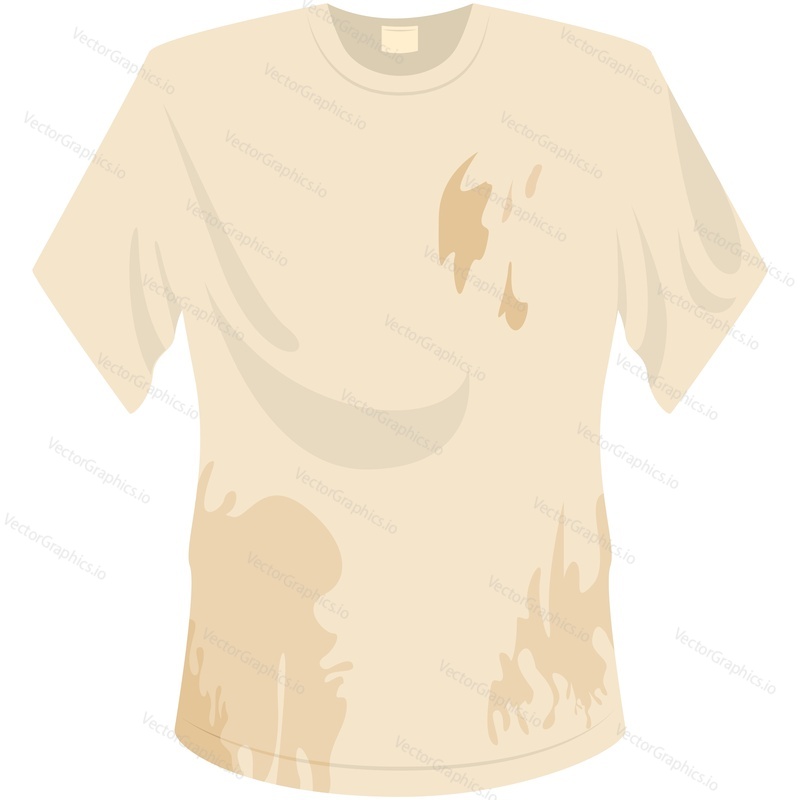 Грязная футболка с вектором пятен. Испачканное белье со значком пятна грязи. Брызги грязи на повседневной одежде, выделенные на белом фоне