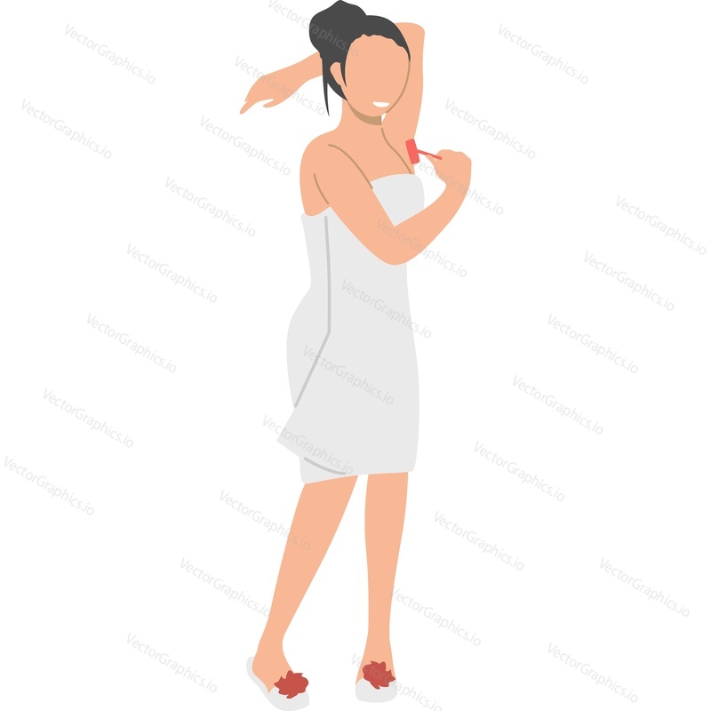 Young woman character shaving armpit with razor vector icon isolated on white background.